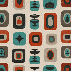 Poster - Retro Abstract Geometric Seamless Pattern with Colorful Symbols and Shapes in Earthy Tones