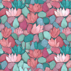Poster - Abstract Seamless Pattern Featuring Smooth Lotus Icons in Soft Pastel Colors for Elegant Design Projects