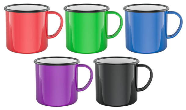 Metal mugs set, colorful enamel camping cups. 3D rendering isolated on transparent background