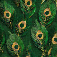 Poster - Abstract Seamless Pattern Featuring Vibrant Peacock Feathers with Golden Eyes on a Rich Green Background