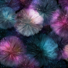 Poster - Abstract Seamless Pattern of Colorful Star Clusters Resembling Explosive Fireworks in Dark Background