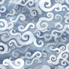 Poster - Abstract Seamless Pattern Featuring Thai-Inspired Swirls in Soft Blue and White Tones for Textiles and Designs