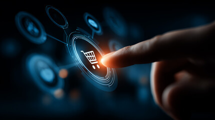 Poster -  close-up of a human finger interacting with futuristic circular icons 