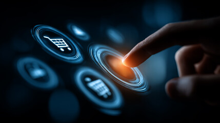 Poster -  close-up of a human finger interacting with futuristic circular icons 