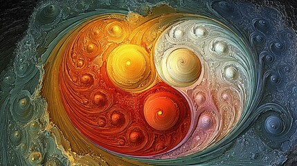 Poster - Abstract colorful swirling yin and yang symbol with vibrant warm and cool tones in fluid art style with intricate swirl patterns and luminous highlights