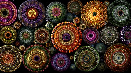 Poster - Vibrant colorful illuminated circular patterns in a dark background creating a mesmerizing mesmerizing mosaic of intricate symmetrical designs and abstract art