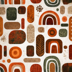 Poster - Vibrant Seamless Pattern Featuring Arches, Rainbows, and Palm Shapes in Earthy Tones for Creative Designs