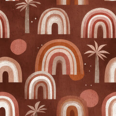 Poster - Seamless Pattern of Arches and Palm Shapes with Warm Tones and Textured Background for Modern Decor