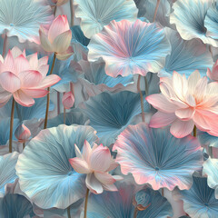Poster - Seamless Pattern of Blooming Lotus Flowers and Leaves in Soft Pastel Colors