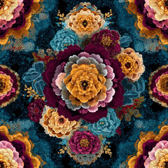Poster - Vibrant Blooming Mandala Floral Pattern with Bold Colors on Dark Background for Seamless Design