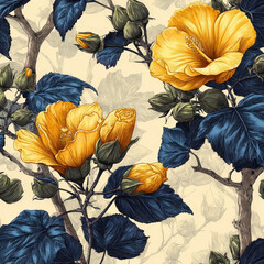 Poster - Seamless Pattern of Blooming Thai Hibiscus Flowers with Striking Yellow Blooms and Lush Green Leaves