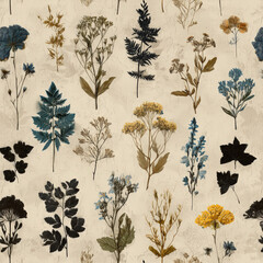 Poster - Botanical Etchings Seamless Pattern Featuring Pressed Flowers and Foliage in Earthy Tones