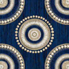Poster - Intricate Circular Bandhani Motifs in Seamless Pattern on Deep Blue Background