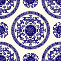 Poster - Seamless Pattern of Circular Yantra Symbols with Floral Elements in Blue and White Color Scheme
