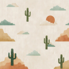 Poster - Seamless Desert Landscape Pattern with Cacti and Mountains in a Soft Color Palette