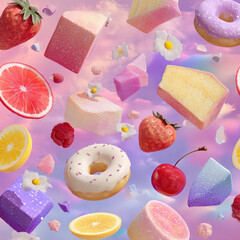 Poster - Colorful Isometric Seamless Pattern Featuring Floating Desserts on a Dreamy Background with Fruits and Candies