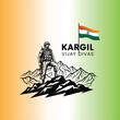 © Design - HAPPY KARAGIL VIJAY DIWAS  soldier is wearing a camouflage uniform and has a turban on his head. The mountain is depicted in shades of grey and white. indian flag holdin hand