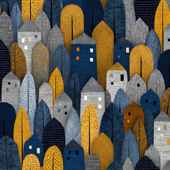 Poster - Seamless Geometric Pattern of Houses and Trees with Vibrant Colors and Unique Designs for Modern Decoration