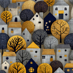 Poster - Colorful Geometric Pattern Featuring Houses and Trees in a Seamless Design for Backgrounds and Textiles