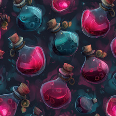 Poster - Colorful Glowing Vials with Potions in a Seamless Pattern for Background Design and Artistic Creations