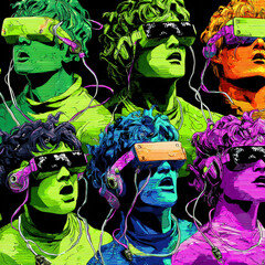 Poster - Colorful Glitchy Avatars with Visors in a Seamless Pattern Design Ideal for Digital Art and Backgrounds