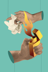 Poster - Composite sketch image design trend artwork collage of two huge hand hold paper ball trash light fire flame tool gasoline equipment