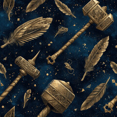 Poster - Magical Seamless Pattern of Glowing Hammers and Spears with Feathers on Dark Background