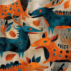 Poster - Seamless Pattern Featuring Tribal Style Animals in Vibrant Colors and Unique Shapes