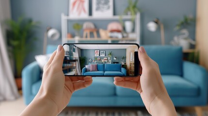 Poster - AR shopping experience, with a customer using a smartphone to preview products in their home environment through augmented reality.