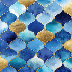 Poster - Hand-Painted Seamless Moroccan Tile Pattern in Vibrant Blue and Gold Colors for Elegant Background Design