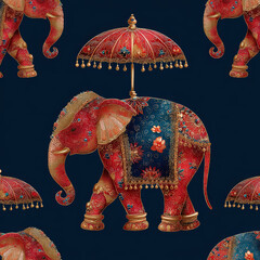 Poster - Elegant Seamless Pattern of Indian Elephants Decorated with Golden Ornaments and Colorful Umbrellas on Dark Background