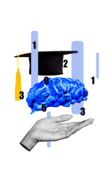 Poster - Vertical pop poster banner collage of human hand hold bachelor hat master degree graduation cyber courses numbers count arithmetic
