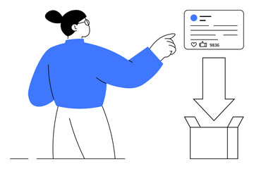 Poster - Woman pointing to social media post with engagement icons, arrow leading to box representing storage. Ideal for data management, social media, content organization, digital tools, workflow