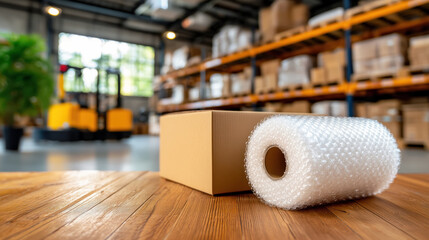 Poster - Box and Bubble Wrap on Wooden Table in Warehouse with Shelves and Forklifts in Background for Packing and Shipping Concepts