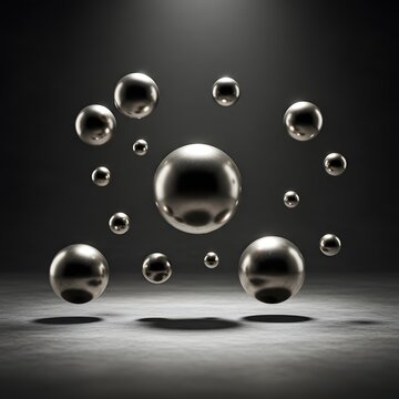 Multiple metal spheres of varying sizes float in a dark, minimalist space, illuminated by a single light source.