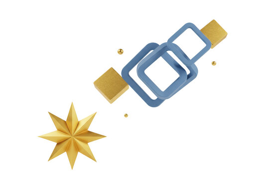 Golden starburst and blue rounded squares connected by golden spheres in a dynamic arrangement isolated on transparent background