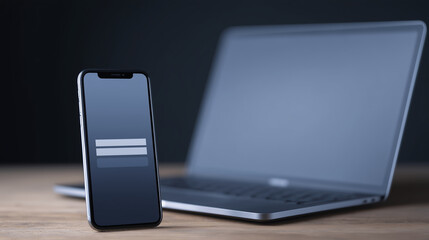 Fototapete - Smartphone mock up with login screen displayed beside a sleek laptop on a wooden desk, showcasing modern technology and digital interaction in a professional workspace