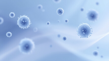 Poster - Abstract illustration of microscopic cells floating in a soft blue background, showcasing intricate details and textures, representing biological processes and scientific exploration