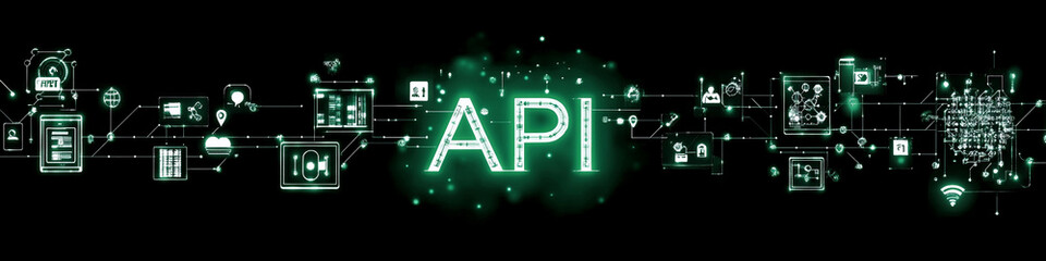 Fototapete - Glowing green API representing coding structure