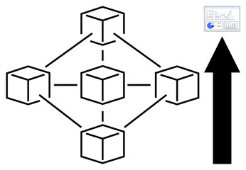 Poster - Interconnected blocks forming a network, bar chart with data analytics, upward arrow. Ideal for blockchain, data analysis, innovation, growth, technology, connectivity simple landing page