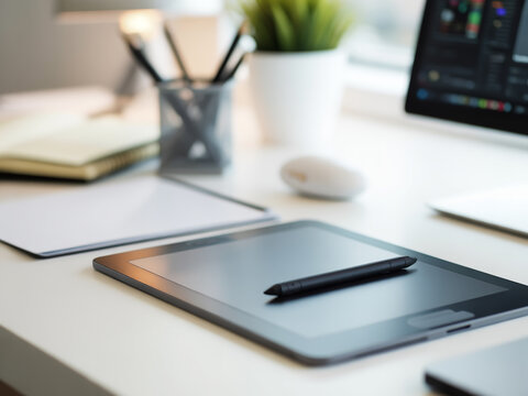 A graphic design tablet with a pen is on a white desk