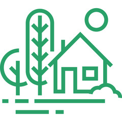 Poster - Green house icon with trees and sun symbolizing eco friendly living and nature