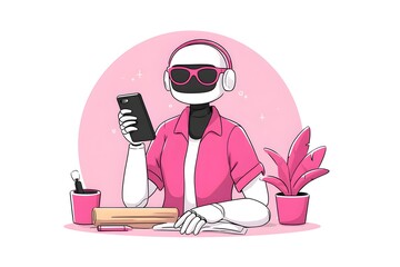 Poster - A robot person wearing headphones and sunglasses looking at a smartphone at a desk. Artificial intelligence and technology concept for communication.