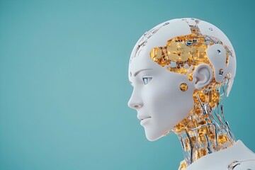 Poster - Highly detailed artificial intelligence woman robot head showing circuitry, machine learning, future neural network data.