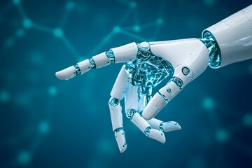 Poster - Robot finger pointing to the side on a blue background, concept of future technology and artificial intelligence.