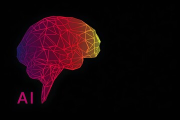 Poster - Polygonal brain with artificial intelligence text. Colorful 3d rendering of a human brain for AI technology concept.