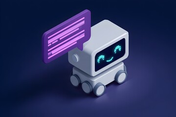 Poster - An isometric 3d render of a cute robotic character icon for artificial intelligence communication. Robot with chat bubble concept.