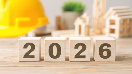 Poster - Year 2026 on Wooden Blocks with Construction Elements in Background for Future Planning and Development Concept in Modern Design