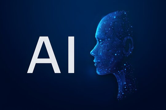Artificial intelligence text with human head made of circuit lines. Abstract digital brain, a concept of machine learning and future technology.