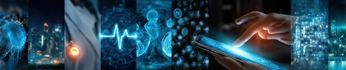 Poster - Futuristic Digital Technology Concept with Smartphone Interaction and Data Visualization in a Modern Cyber Network Environment